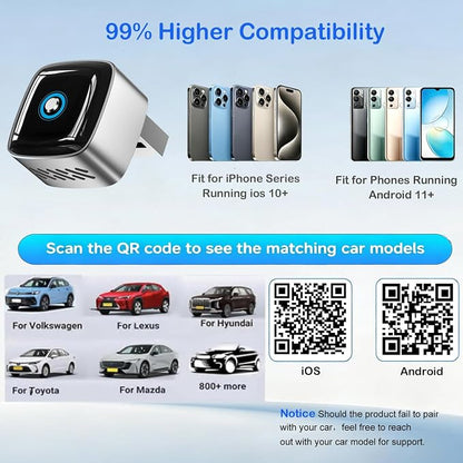Ultra Mini Wireless CarPlay Adapter for iPhone& Android Auto, 2026 Upgraded 2-in-1 Wired to Wireless CarPlay Dongle,One-Click Switch for Two Phones, 5s Auto Reconnect, 5.8GHz WiFi+BT5.4,Silver