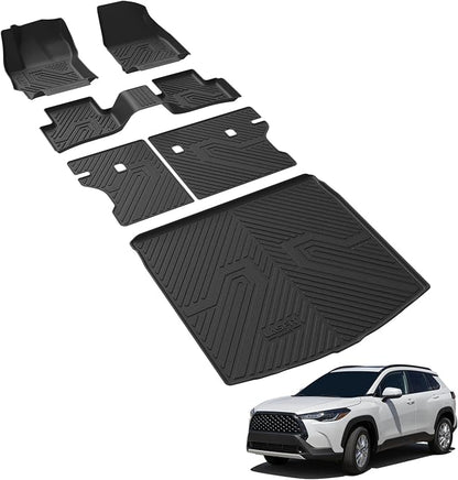LASFIT Floor Mats for Toyota Corolla Cross 2026 2025 2024 2023 2022 (Gas AWD) & Cargo Mats & Backrest, Precision-Trimmed TPE All Weather Protection Floor Liners Trunk Mats, Full Set, Black
