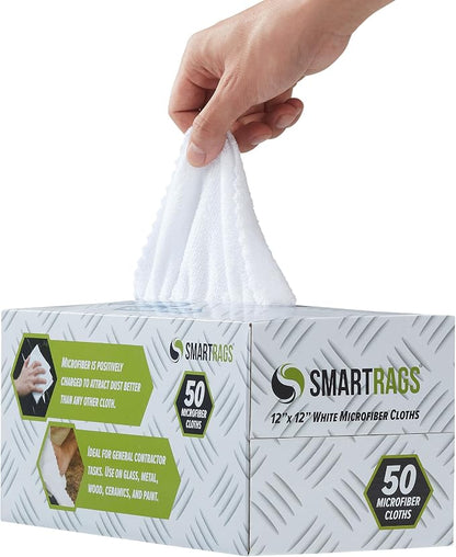 Arkwright Smart Rags Microfiber Cleaning Cloths, Pack of 50 in a Box, Lint Free 180 GSM Reusable Towels for Auto, Office and Household Cleaning, 12 x 12 in, White