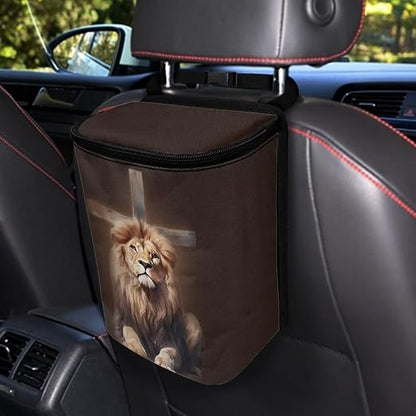 Talayituse Lion Cross Print Car Trash Can with Lid, Leak Proof Auto Trash Bag Hanging Vehicle Garbage Can Multipurpose Storage Container for Back Seat Road Trip