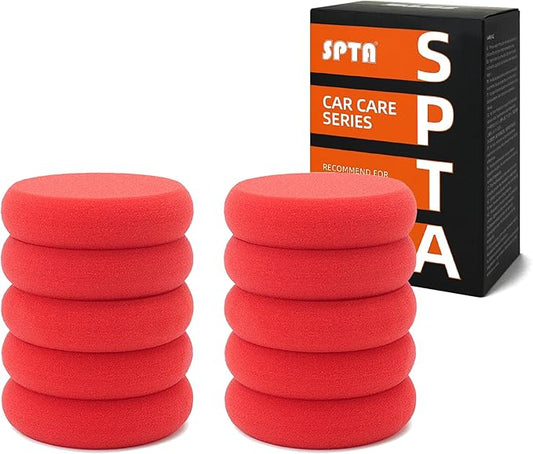 Foam Applicator Pads, SPTA 4 Inch Round Shape Side Pressing Hand Polishing Red Sponge Pads Kit Detailing Buffing Pads for Waxing Polishing Paint Ceramic Glass Cleaning, Pack of 10 -HPWR10