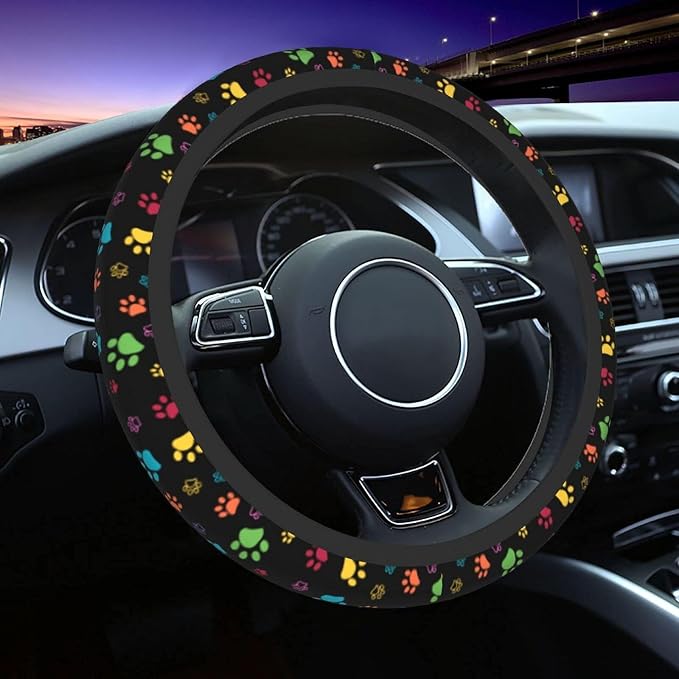 Dog Paw Print Steering Wheel Covers Universal 15 inch Non Slip Neoprene Steering Wheel Protector Cover for Men Women Car Truck