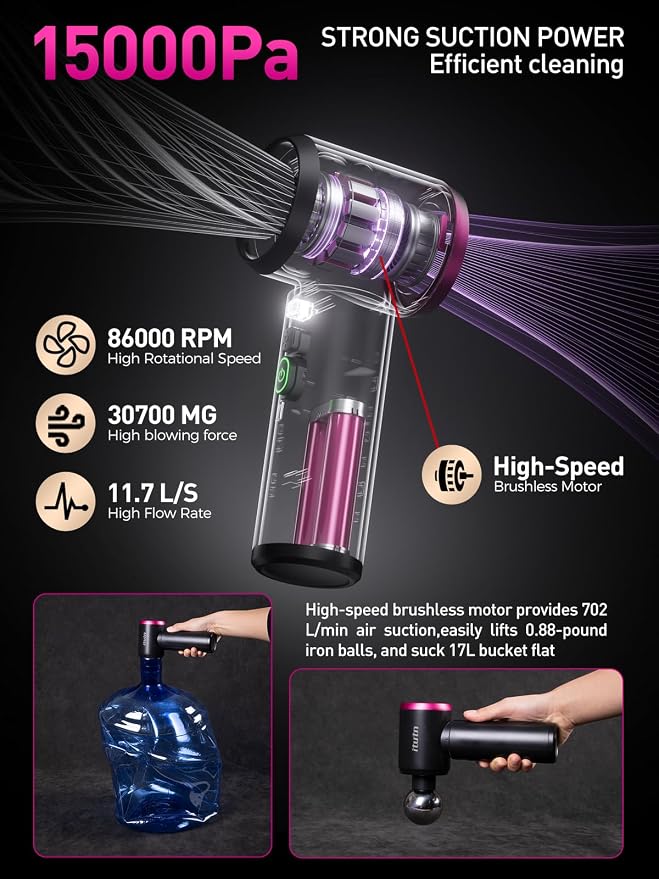 Mini Car Vacuum Portable Cordless with LED Light, 15000PA Powerful Suction, 80W High Power, One-Click Empty, Dual Hepa Filter, Y8plus Car Vacuum Cleaner & Air Duster for Home, Desk, PC, Keyboard