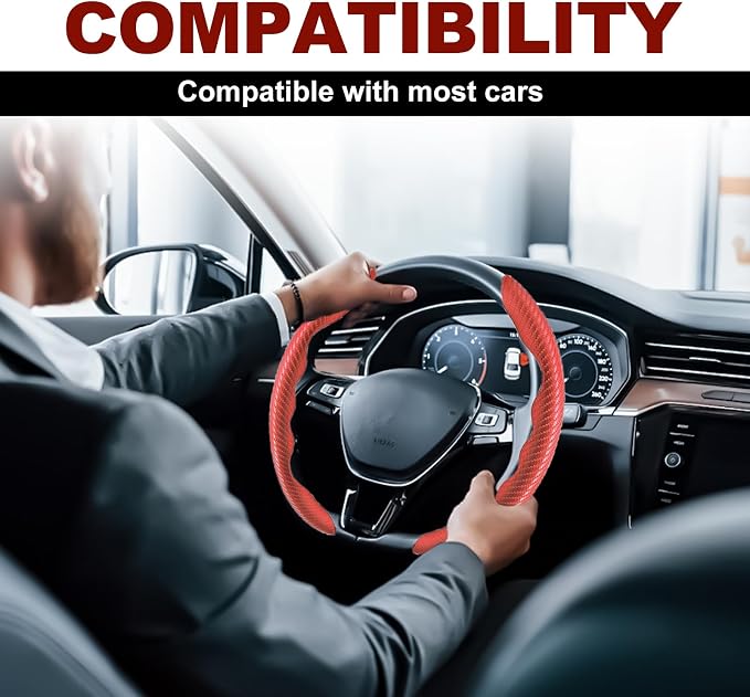 Universal Fit Carbon Fiber Steering Wheel Cover, Segmented Steering Wheel Protector, Carbon Fiber Anti-Skid Steering Wheel Cover Car Interior Accessories (2 Pcs Red)