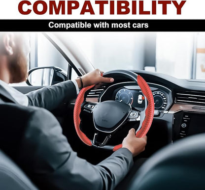 Universal Fit Carbon Fiber Steering Wheel Cover, Segmented Steering Wheel Protector, Carbon Fiber Anti-Skid Steering Wheel Cover Car Interior Accessories (2 Pcs Red)