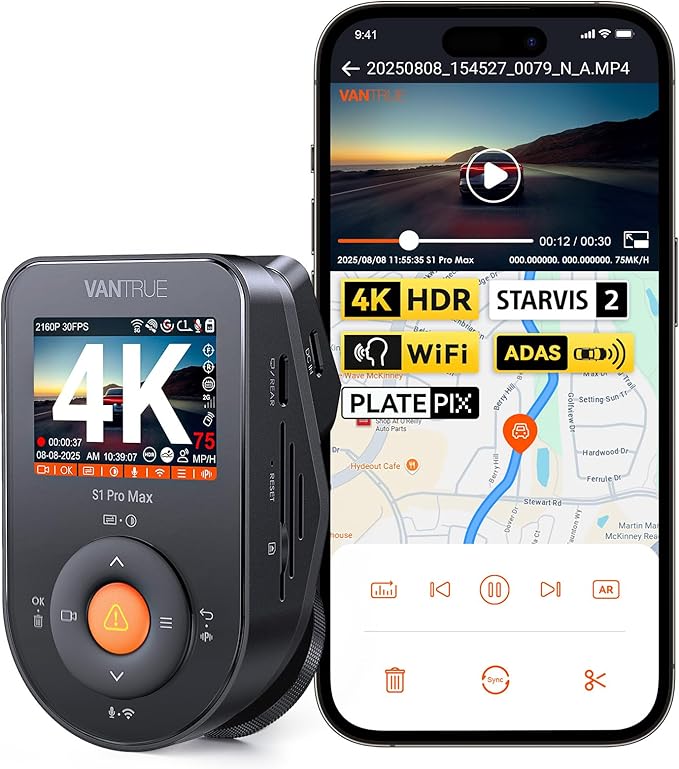 Vantrue S1 Pro Max 4K Dash Cam Front, STARVIS 2 HDR Night Vision Dash Camera, 24/7 Parking Mode, Voice/APP Control, 5GHz WiFi, PlatePix, Night Vision, GPS, Support 1TB Max.