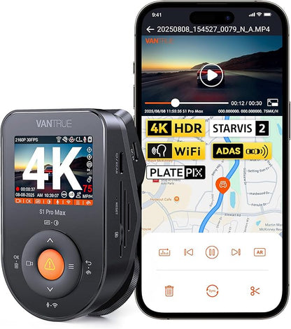 Vantrue S1 Pro Max 4K Dash Cam Front, STARVIS 2 HDR Night Vision Dash Camera, 24/7 Parking Mode, Voice/APP Control, 5GHz WiFi, PlatePix, Night Vision, GPS, Support 1TB Max.