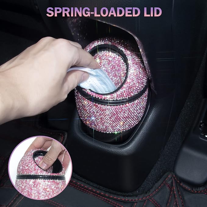 eing Car Trash Can Bling Crystal Auto Mini Trash Bin for Car Office Home Women,Car Cup Holder Garbage Can with Lid and 5 Pack Disposable Garbage Gag, Pink
