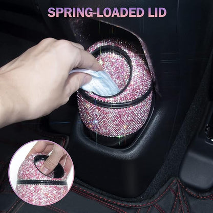 eing Car Trash Can Bling Crystal Auto Mini Trash Bin for Car Office Home Women,Car Cup Holder Garbage Can with Lid and 5 Pack Disposable Garbage Gag, Pink