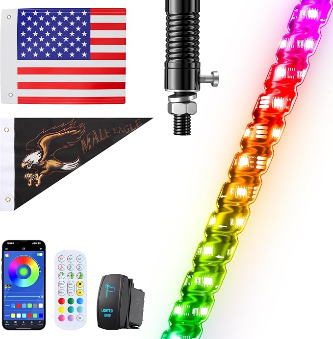 Ehaho 1 PC 5FT Whip Lights with Spring Base, APP & Remote Control Led Whip Lights for Side by Side, Spiral RGB Chasing Lighted Whips with Rocker Switch, Music Led Whips for UTV ATV RZR SXS Can-Am