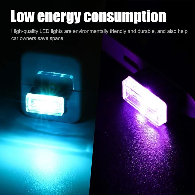 Ziciner 4 PCS USB LED Car Interior Atmosphere Lamp, Portable Mini LED Night Light, Plug-in USB Interface Trunk Ambient Lighting Kit, Universal Interior Accessories (Ice Blue+Purple)