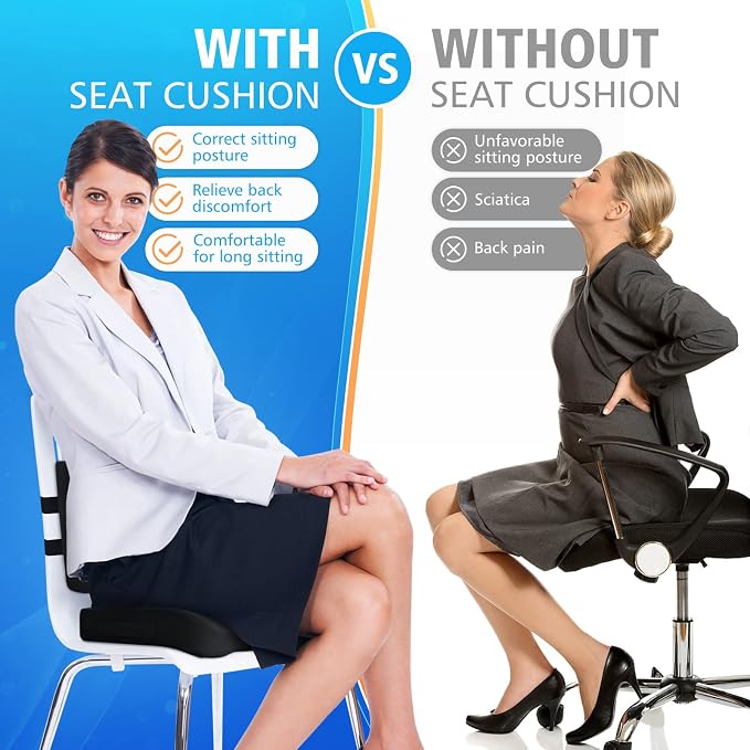 CushZone Ergonomic Seat Cushion & Lumbar Support Pillow - Memory Foam for Sciatica Pain Relief & Posture Correction, Non-Slip Chair Cushions for Office Chair/Car/Wheelchair/Travel (Black)
