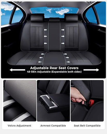 Huidasource Rear Seat Covers Compatible with Seatbelt Buckle, Child Seat, Premium Faux Leather Back Seat Cover, Rear Car Seat Cover with Velcro Adjustable Universal Fit for Most Cars SUV Trucks, Black