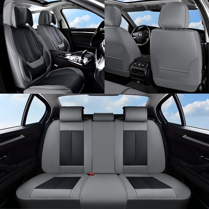 Coverado Seat Covers, Car Seat Covers Front Seats, Car Seat Cover, Car Seat Protector Waterproof, Seat Cushion Nappa Leather with Head Pillow, Carseat Cover Universal Fit for Most Cars (Gray&Black)