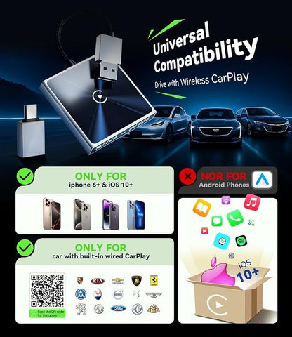 Wireless CarPlay Adapter for iPhone, Converts Wired to Wireless Apple CarPlay Adapter, Includes USB-A to USB-C Dongle, Easy Use, Stable Control, No Delay, Compatible with Cars from 2016 & iOS 10+