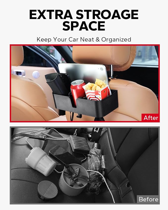 Amazicha Car Headrest Backseat Organizer with Hooks, 3 in 1 Seat Back Organizer Headrest with 3.7inch Cup Holder for Car Backseat Travel Accessories, 2PCS