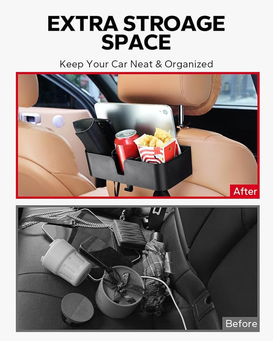 Amazicha Car Headrest Backseat Organizer with Hooks, 3 in 1 Seat Back Organizer Headrest with 3.7inch Cup Holder for Car Backseat Travel Accessories, 2PCS