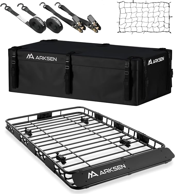 ARKSEN 64" x 39" Roof Rack Cargo Basket with Extension, 150 lbs Heavy Duty Rooftop Carrier for SUV Truck, Includes 21.5 Cu Ft Waterproof Bag, Cargo Net & Ratchet Straps for Travel Camping