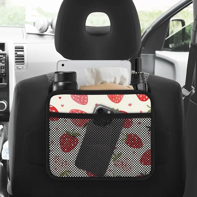 Car Backseat Organizer, PU Leather Back of Seat Cars Hanging Organizer with Pockets Leakproof Car Garbage Bag Hanging Cars Seat Storage Box Travel Accessories Foldable (White Strawberries)