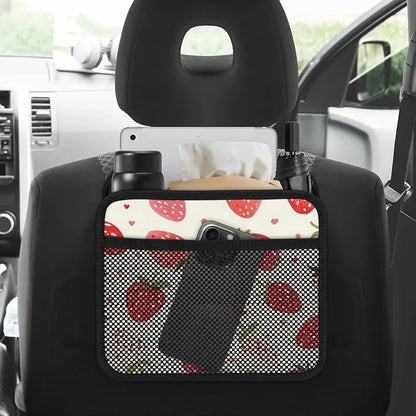 Car Backseat Organizer, PU Leather Back of Seat Cars Hanging Organizer with Pockets Leakproof Car Garbage Bag Hanging Cars Seat Storage Box Travel Accessories Foldable (White Strawberries)