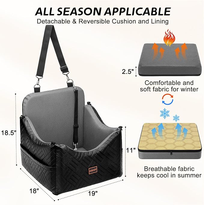 JOEJOY PU Dog Car Seats for Small Medium Dogs, Wipe Clean Waterproof Dog Booster Seat with 2.5 inch Cushion, Thickened 2 inch Memory Foam Pet Car Seats with Safety Belt and Storage Pockets