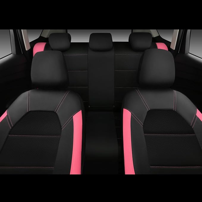 CAR PASS Leather Seat Covers, Breathable Universal Car Seat Cover Full Set for Cute Women Girly,Super 5mm Composite Sponge Inside,Airbag Compatible fits Most Auto,SUVs,Trucks,Vans(Black&Pink)