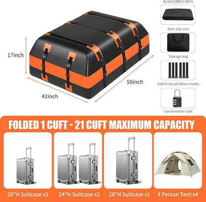 21 Cu Ft Waterproof Car Rooftop Cargo Bag Heavy Duty 840D Roof Top Carrier with Anti-Slip Mat, Luggage Lock, 6 Door Hooks for SUVs, Sedans, Minivans – Perfect for Road Trips, Camping, Outdoor Travel