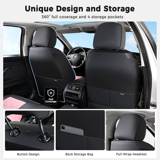 Huidasource Leather Seat Covers Full Set, Front and Rear Car Seat Covers, Full Wrap Automotive Car Seat Cushion Covers Protector Nappa Leather Fit for Most Cars SUV Trucks, Black & Pink