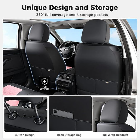 Huidasource Front Seat Covers Universal Fit for Most Cars SUV Trucks, Automotive Leather Seat Cushion Covers Protector with Lumbar Support, Waterproof Seat Cover Front Seat, Black & Pink