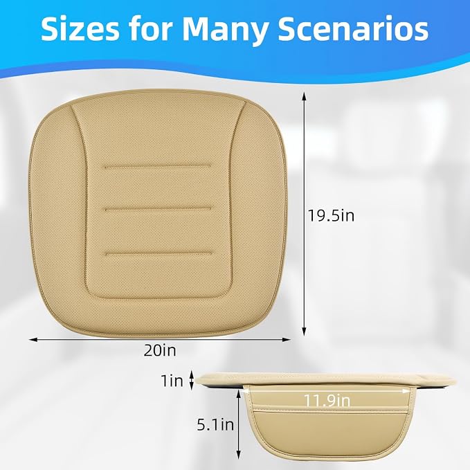 KAYI Car Seat Cushion, Comfort Memory Foam Car Cushions for Driving, Breathable Leather Surface with Anti Slip Rubber Bottom, Seat Cushion for Car and Office Chair (1 Pack, Beige)
