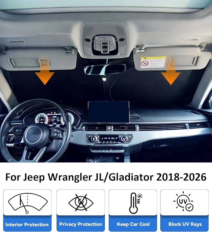 Sun Shade Custom-Fit for Jeep Wrangler JL/Gladiator 2018-2025 | Front Window Sunshade with 240T Sun Visor Protector Foldable Heat Shield Blocks UV Rays, Car Accessories
