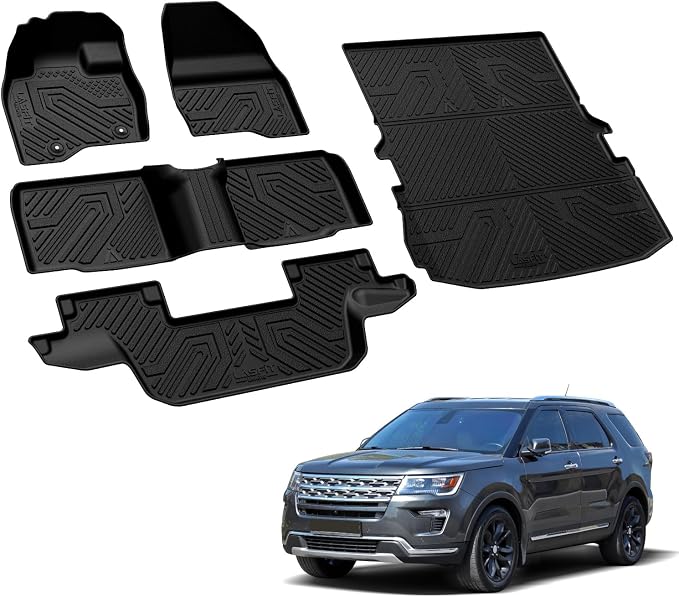 LASFIT Floor Mats & Cargo with Backrest Mat for Ford Explorer 2015-2019 7 Seats All Weather Protector TPE Easy Clean Car Floor Liner Custom Fit for 5-pc Full Set Black
