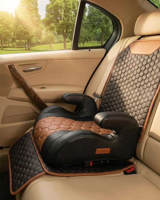 Owleys Backless Booster Car Seat with Latch Connectors, Kids Booster Seat for Car 40-100 lbs, Waterproof Eco Leather Cushion & Anti-Slip Base, Portable Travel Design for Ages 4-12, Black-Brown
