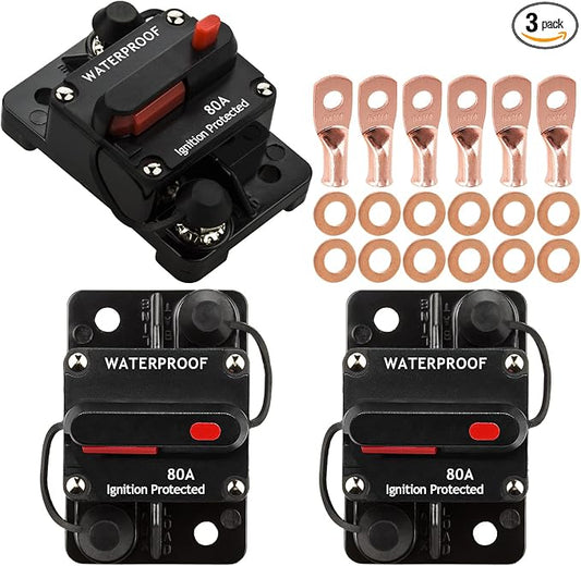 3 Pack 80 Amp Circuit Breaker Manual Reset 12V-48V DC for Car Audio Rv Marine Boat Truck Trolling Motors, Car Speaker Resettable Fuse, with Wire Lugs Copper Washer