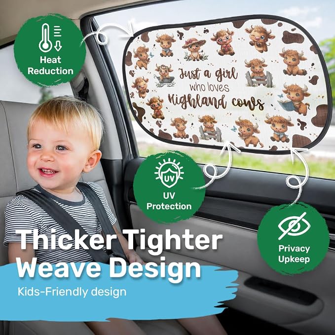 GENANY 2pcs Highland Cow Window Sun Shade for Sedan SUV Truck (21x14 Inches), Sun Shades for Side Window, Accessories for Kids, Baby Window Shades, Summer Car Decor