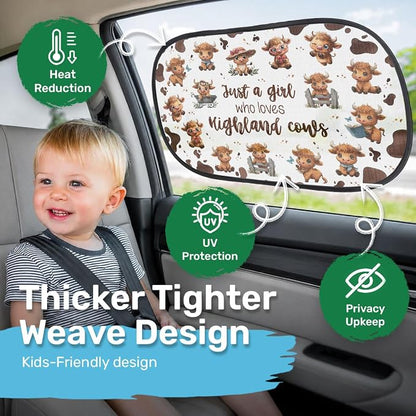 GENANY 2pcs Highland Cow Window Sun Shade for Sedan SUV Truck (21x14 Inches), Sun Shades for Side Window, Accessories for Kids, Baby Window Shades, Summer Car Decor