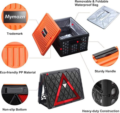 Mymazn Trunk Organizer Plastic for Car, Orange | Collapsible Crate Storage, With Lid, Waterproof Bag, Optional Insulated Cooler, For SUV, Groceries, Camping