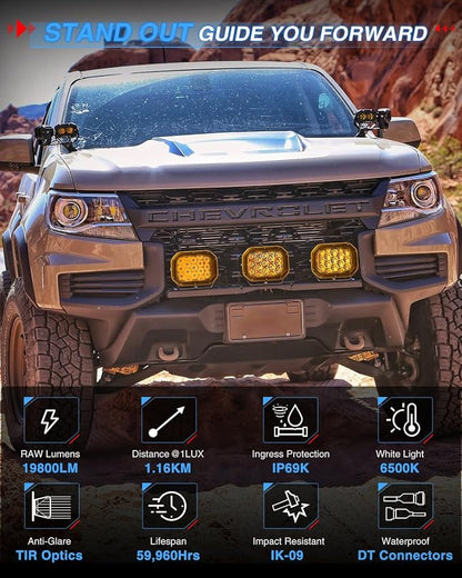BraveWAY 5x7IN LED Driving Lights 125W 19800LM LED Offroad Lights with DRL Yellow Covers Spot Flood Combo Beam Light Pods Long Distance Output Work Light for Truck, 4WD, ATV, UTV, Pickup,Tractor