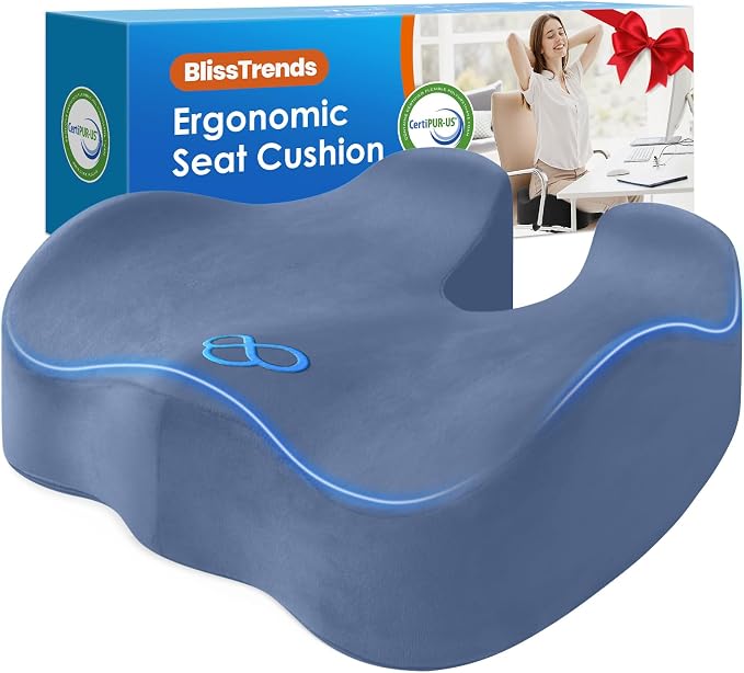 BlissTrends Seat Cushion,5.2in Thick Memory Foam Cushions for Office Chair, Car Seat, Airplane, Relieving Pressure Tailbone Sciatica Back Pain for Long Sitting Office Workers, Car Drivers LightBlue