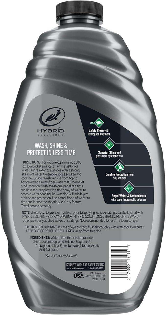 Turtle Wax Hybrid Solutions Ceramic Car Wash and Wax, Gentle pH Neutral Car Cleaner with Extreme Water Beading Paint Protection, High Gloss Spot-Free, Car Wax Shine, Fruity Scent, 48 oz (Pack of 1)
