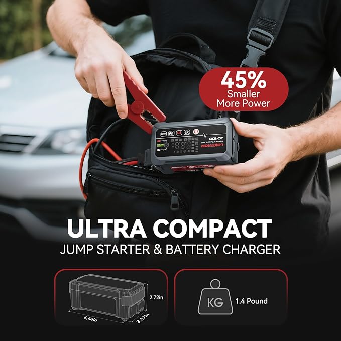LOKITHOR JC400 9-in-1 Battery Charger and Jump Starter, 2500A 12V Portable Jump Box for Car Upto 8.5L Gas/6.5L Diesel, 750mA/1A/2A, 6V/12V Automotive Battery Maintainer, Trickle Charger and Desulfator