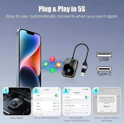 2in1 Wireless Carplay Adapter for iPhone Android,for Toyota/Honda/Cadillac/Ford/Chevrolet/Jeep Carplay,Plug Play Automatic Reconnect,Convert Wired to Wireless Bluetooth Carplay Dongle(USB A/C)06d