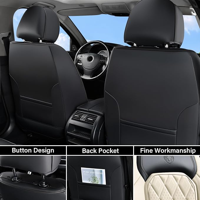 Coverado Car Seat Covers Full Set, Faux Leather Seat Covers for Car, Waterproof Car Seat Protectors 5 Seats, Automotive Seat Covers Universal Fit for Most Cars SUV Trucks- Black&White