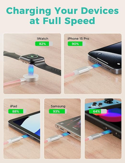 Travel Essentials,3 in 2 USB C Cable for Apple Watch Charger,iPhone Charger,Multi Charging Cable,Cruise Vacation Camping Essentials,Portable for iWatch Series 11-2/Ultra/SE & iPhone 17-12,Car,Pink