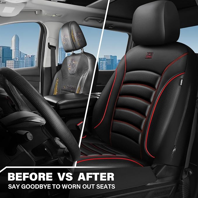 CAR PASS 3D Foam PU Leather Car Seat Covers, Universal Seat Covers Front 2 for Trucks SUV Sedan Automotive Seat Covers Armrest Airbag Compatible Waterproof Comfortable Faux Nappa Leather Black Red