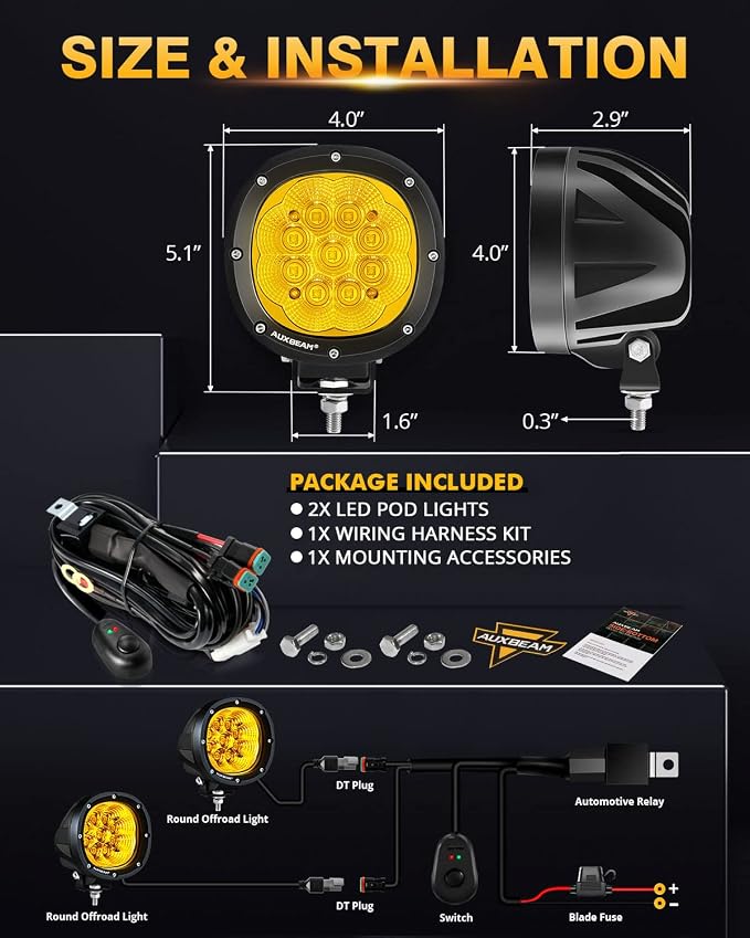 Auxbeam P4 Series Amber Round Fog Lamps 4-Inch 90W Flood Light Pods | Yellow driving lights for rain dust snow, 4x4 ATV Jeep truck motorcycle ditch lights, LED offroad light bar 2-pack