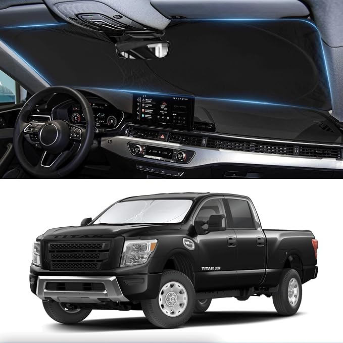 Custom Fit Titan Windshield Sunshade for 2020-2023 2024 2025 Upgrade Nissan Titan Front Window Sun Shades Shield Cover for Windshield Foldable 210T Sun Visor Protector Blocks UV Ray Car Accessories