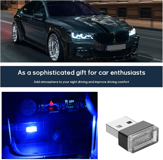Dickno 4 PCS USB LED Car Interior Atmosphere Lamp, Portable Mini LED Night Light, Plug-in USB Interface Trunk Ambient Lighting Kit, Universal Vehicle Interior Accessories (Blue)