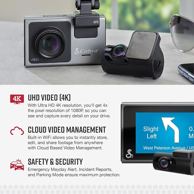 Cobra Smart Dash Cam + Rear Cam (SC 400D) – UHD 4K Resolution, 3-Camera Capable, Live Police Alerts, Emergency Mayday, Drive Smarter App, 3" Touchscreen, Wi-Fi & GPS, 32GB SD Card Incl