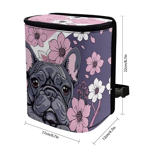 Talayituse French Bulldog Cherry Blossom Print Car Trash Can with Lid, Leak Proof Auto Trash Bag Hanging Vehicle Garbage Can Multipurpose Storage Container for Back Seat Road Trip
